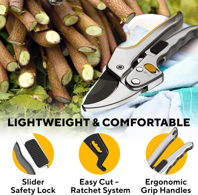 GEROSSI Ratchet Pruning Shears for Gardening Heavy Duty - Increases Cutting Power 3x - Perfect Ratchet Pruners for Weak Hands & Arthritis - 8” Anvil Garden Clippers - Sharp Blade for Effortless Cutting-Yellow - Image 5